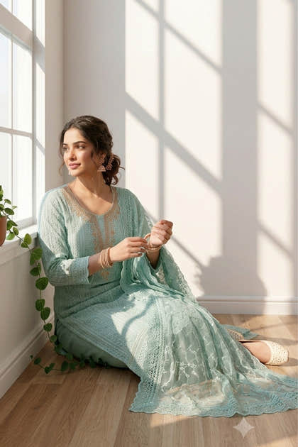 Mint Green Georgette Chikankari Work Unstiched Suit
