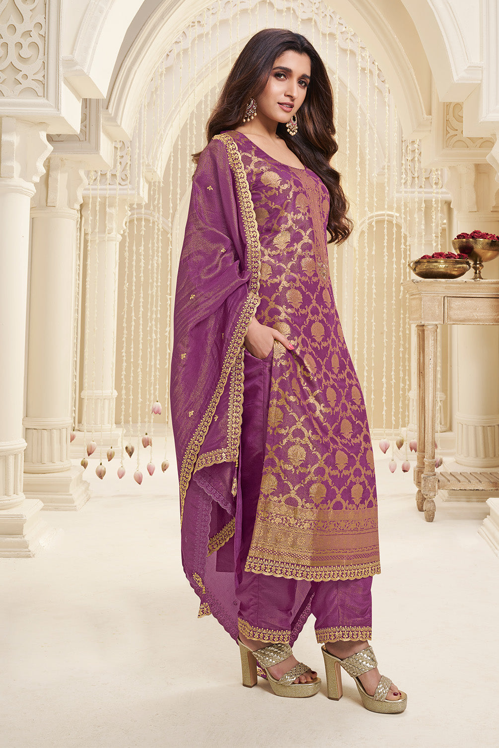 Magenta Zari Floral Woven Silk Suit Set