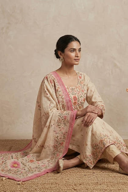Cream Floral Printed Kota Cotton Suit