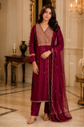 Wine Neck-Embroidered Silk Straight Suit