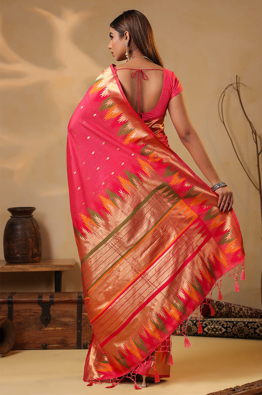 Strawberry Color Cotton Silk Woven Saree