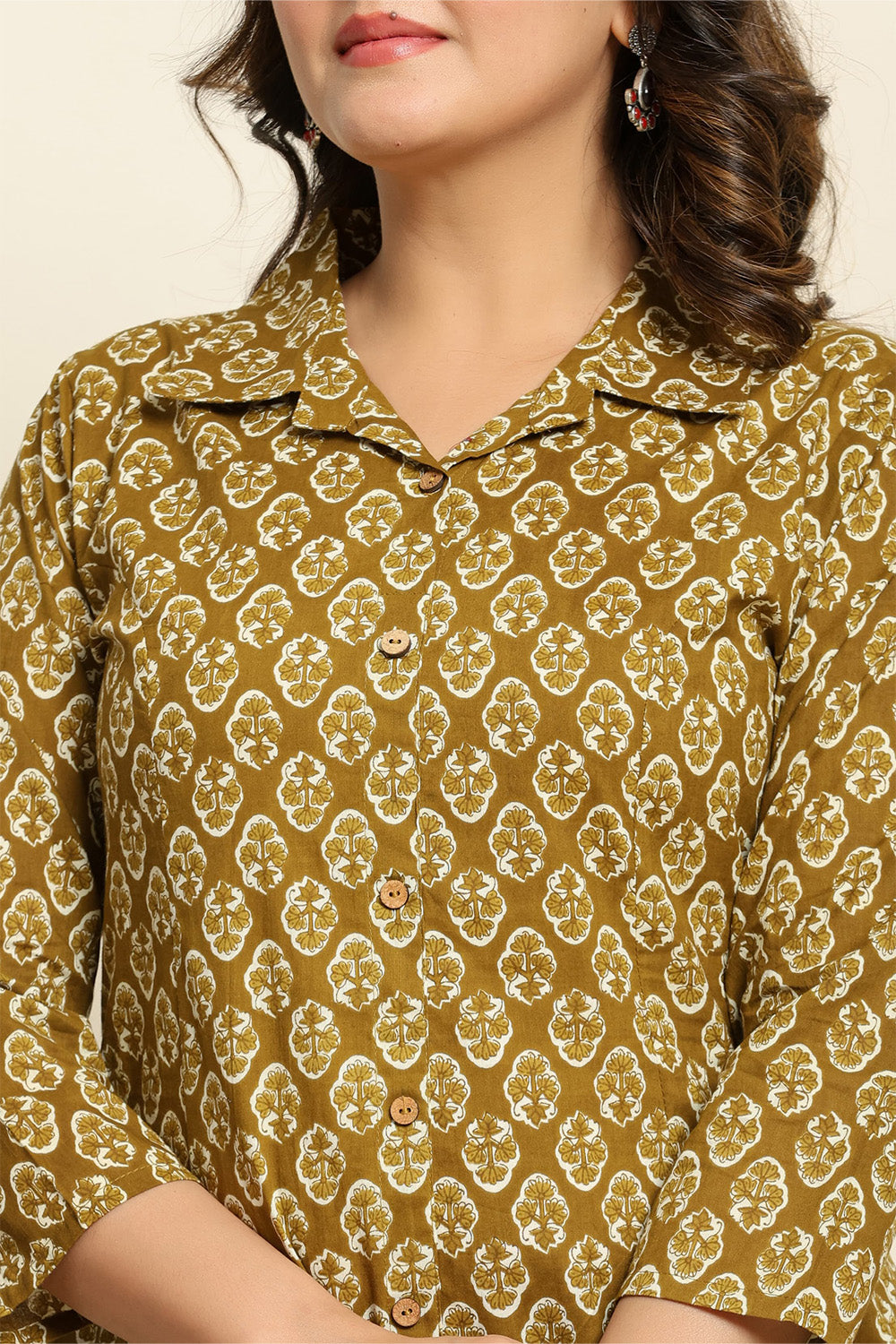 Olive Green Color Floral Printed Cotton Kurta Set