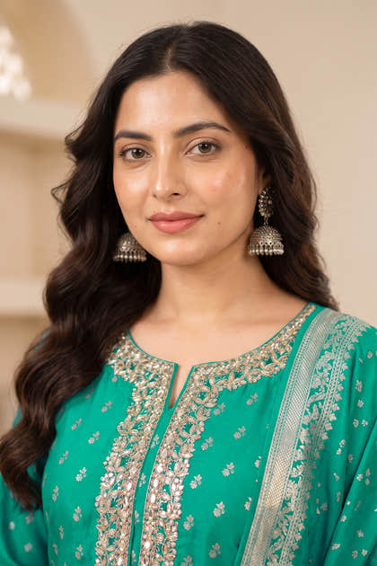 Sea Green Silk Zari Woven And Neck-Embroidered Unstitched Suit Material