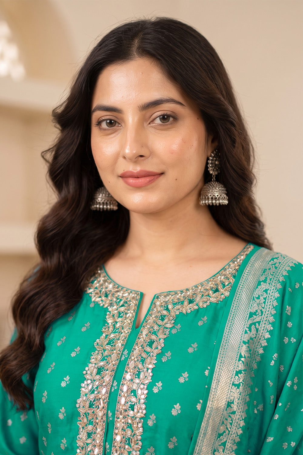 Sea Green Silk Zari Woven And Neck-Embroidered Unstitched Suit Material