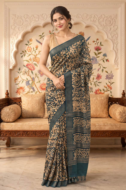 Teal And Beige Cotton Printed And Woven Border Saree