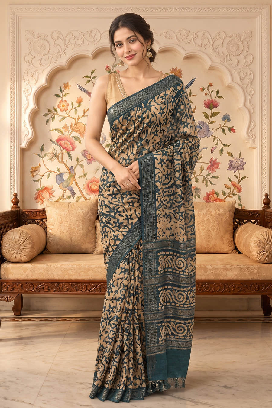 Teal And Beige Cotton Printed And Woven Border Saree