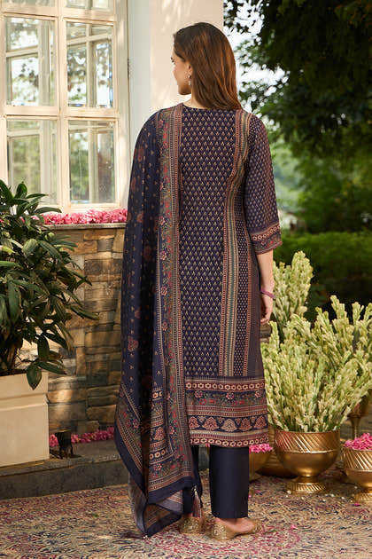 Navy Muslin Printed Straight Suit