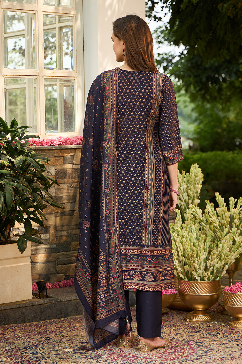Navy Muslin Printed Straight Suit