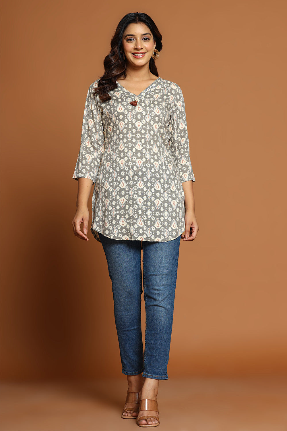 Grey & Beige Color Cotton Printed Tunic