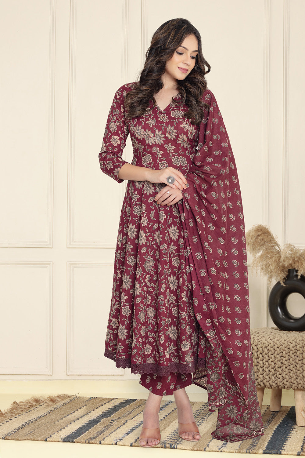 Dark Scarlet Cotton Floral Printed Anarkali Suit Set
