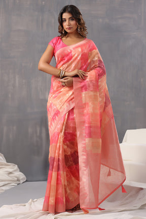 Coral Color Organza Woven Saree