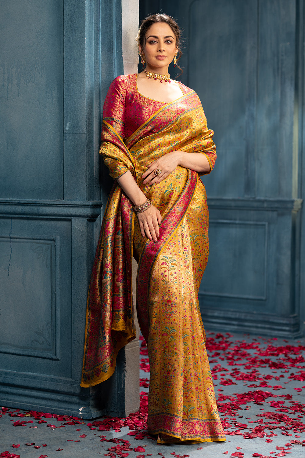 Mustard Position Print Woven Silk Saree