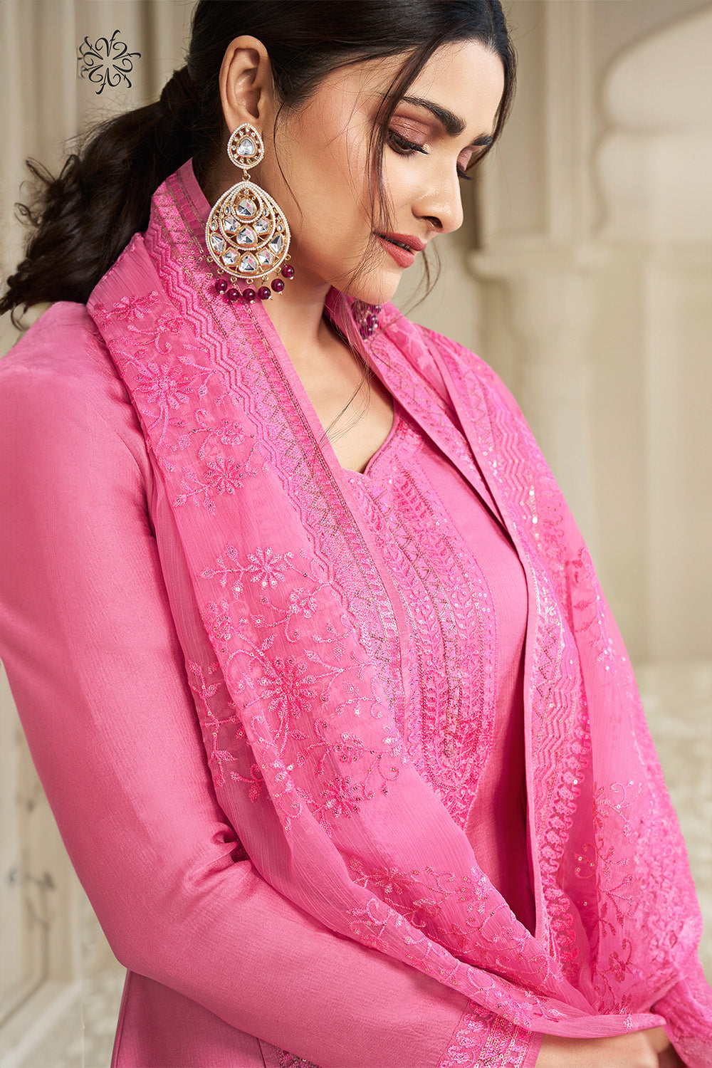 Pink Color Chinon Resham Embroidered Unstitched Suit Material