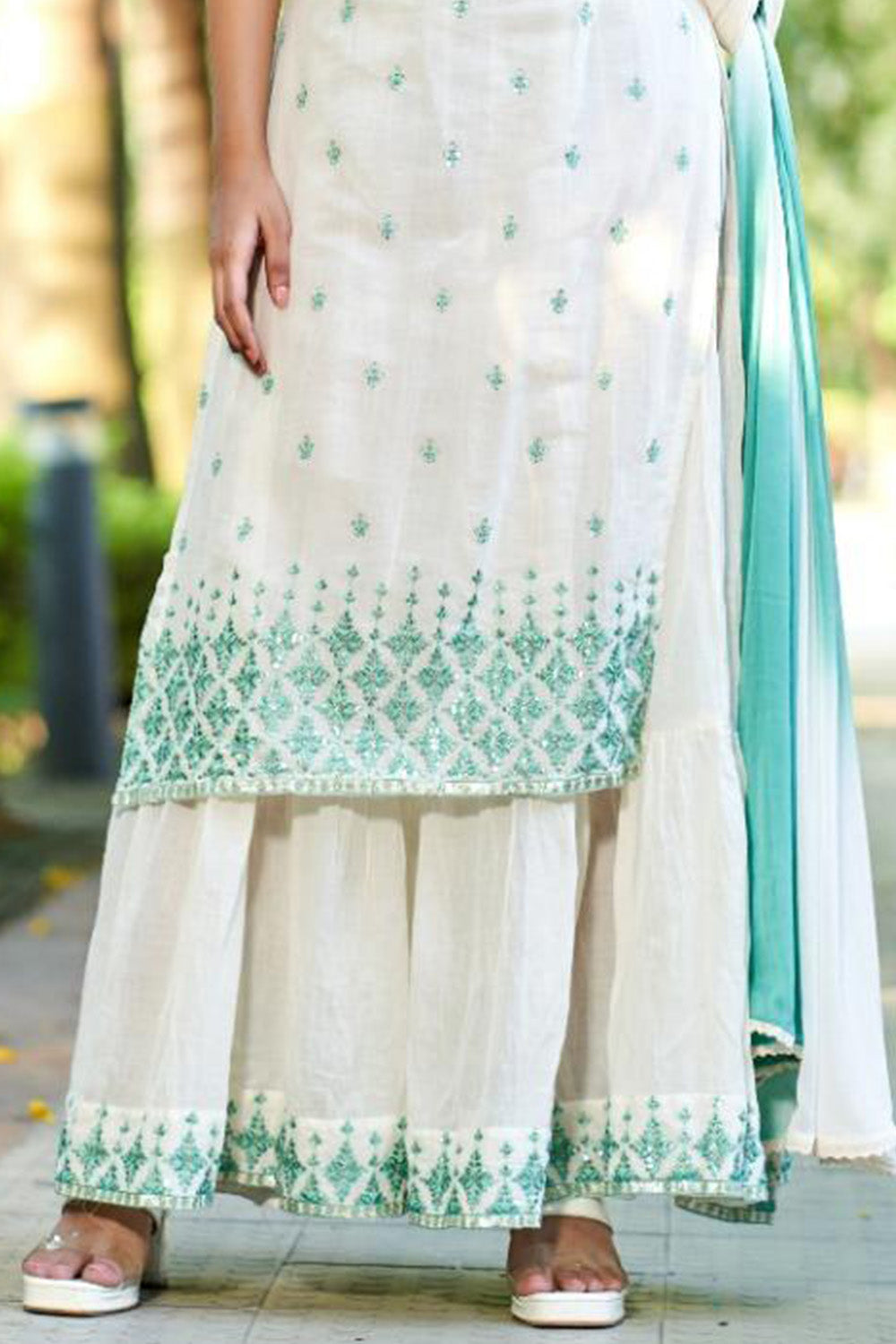 Cream Color Cotton Embroidered  Kurta Set With Attached Skirt