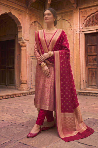 Fuchsia Pink Banarsi Silk Woven Unstitched Suit Material