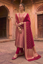 Fuchsia Pink Banarsi Silk Woven Unstitched Suit Material