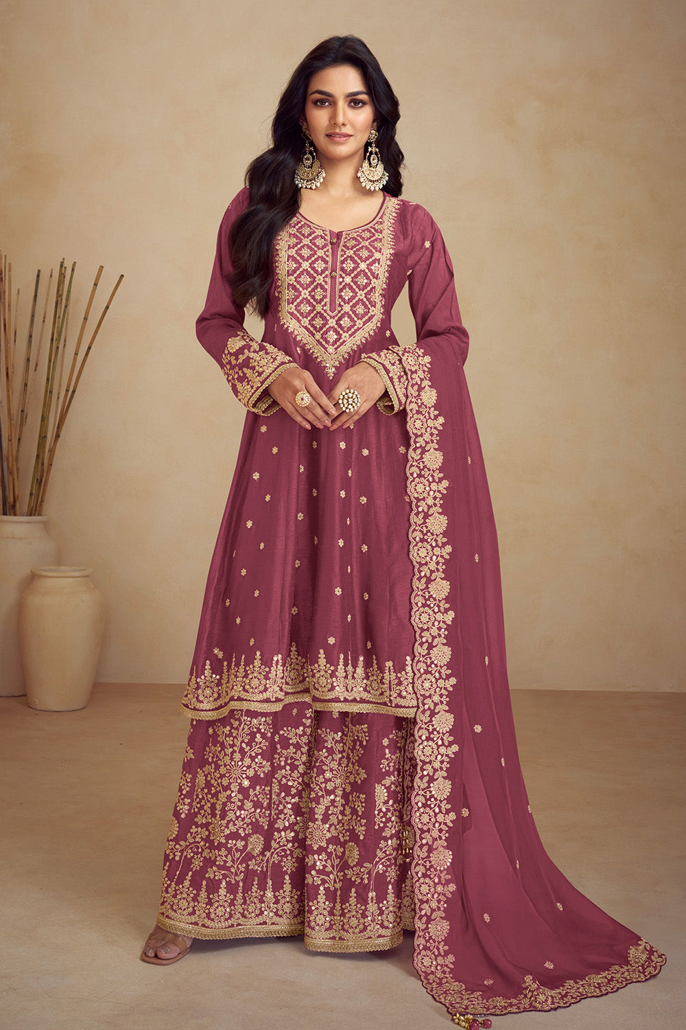Crepe Embroidered Anarkali Suit With Embroidered Sharara