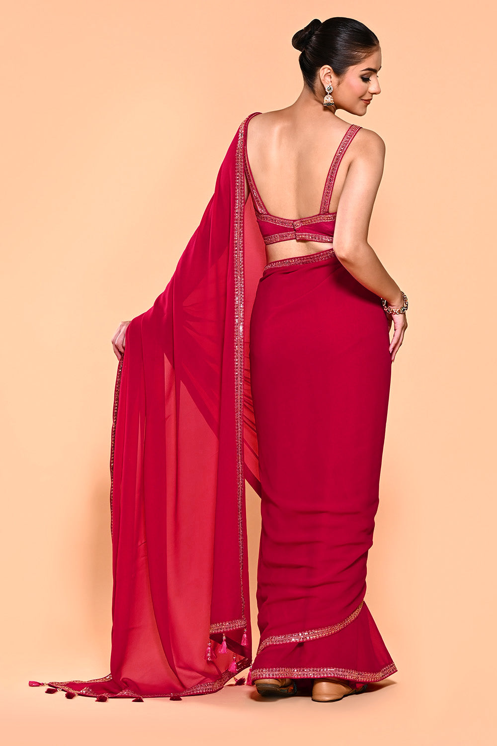 Valentine Red Color Georgette Saree With Readymade Blouse