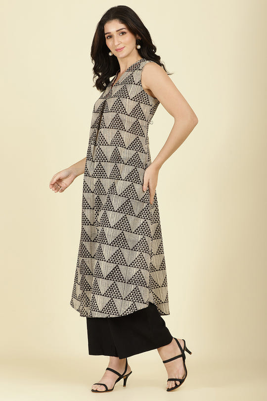 Black & Beige Cotton Printed Kurta With Palazzo
