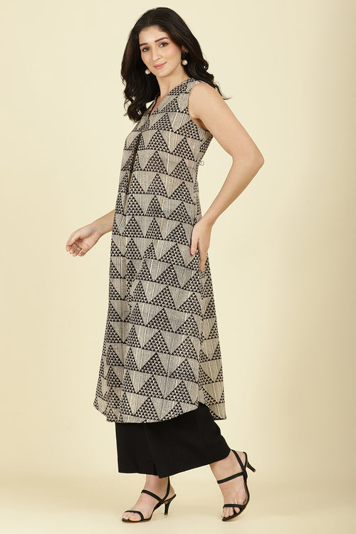 Black & Beige Cotton Printed Kurta With Palazzo