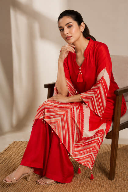 Red Mulberry Silk Printed Kurta Set