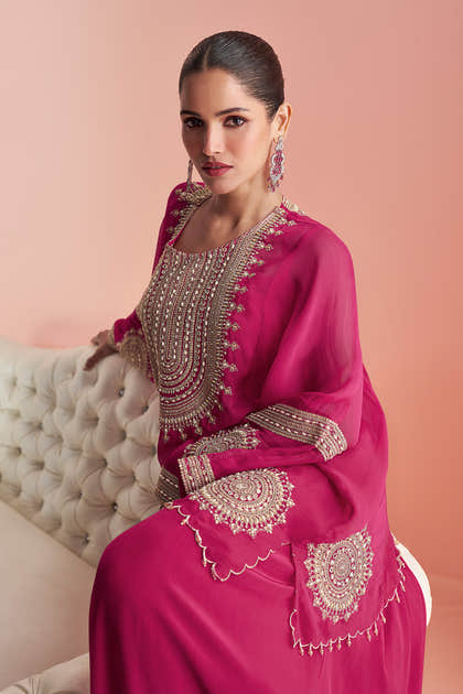 Cherry Red Tissue Silk Embroidered Kaftan, Crepe Silk Blouse And Dhoti Style Pants