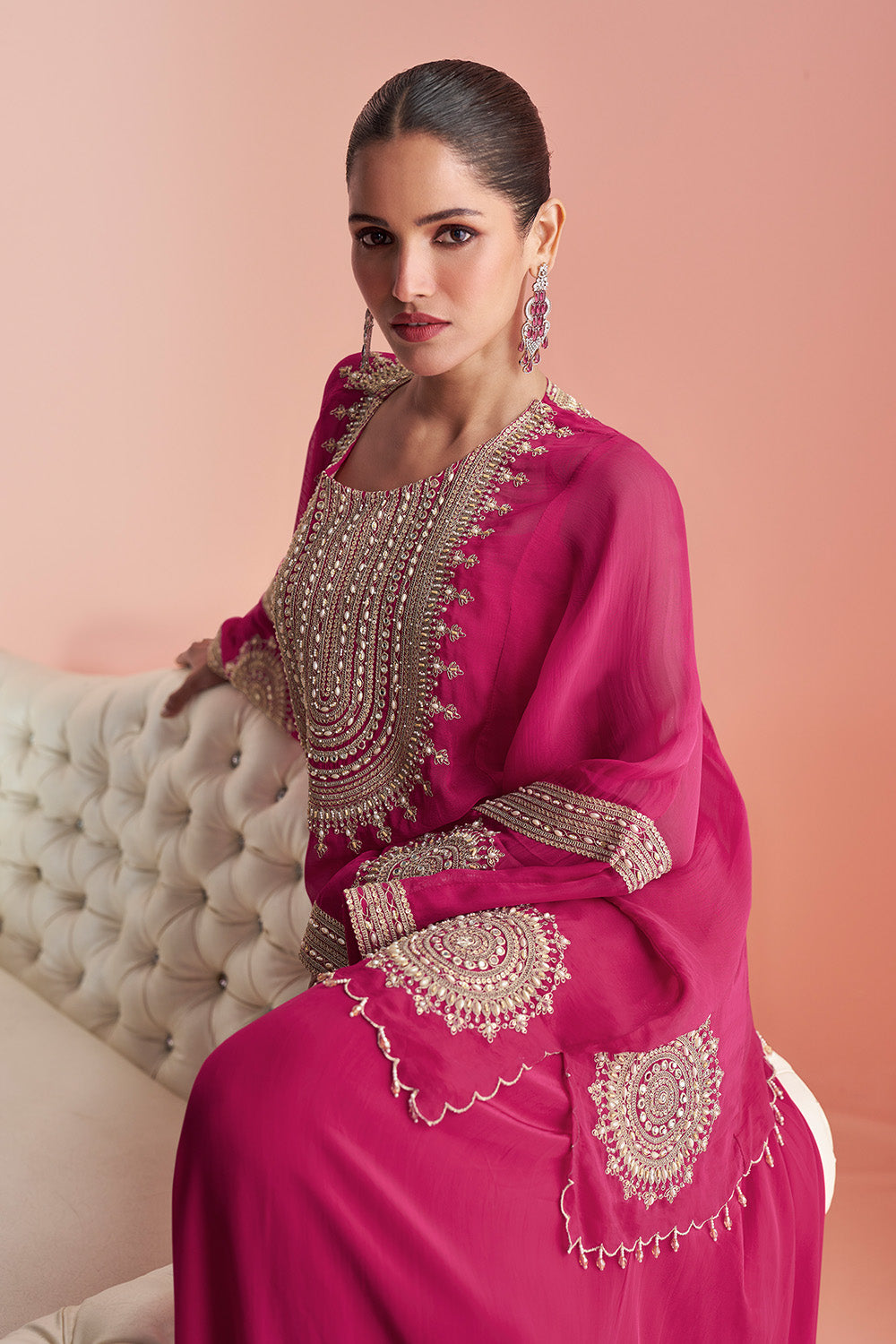 Cherry Red Tissue Silk Embroidered Kaftan, Crepe Silk Blouse And Dhoti Style Pants