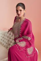 Cherry Red Tissue Silk Embroidered Kaftan, Crepe Silk Blouse And Dhoti Style Pants