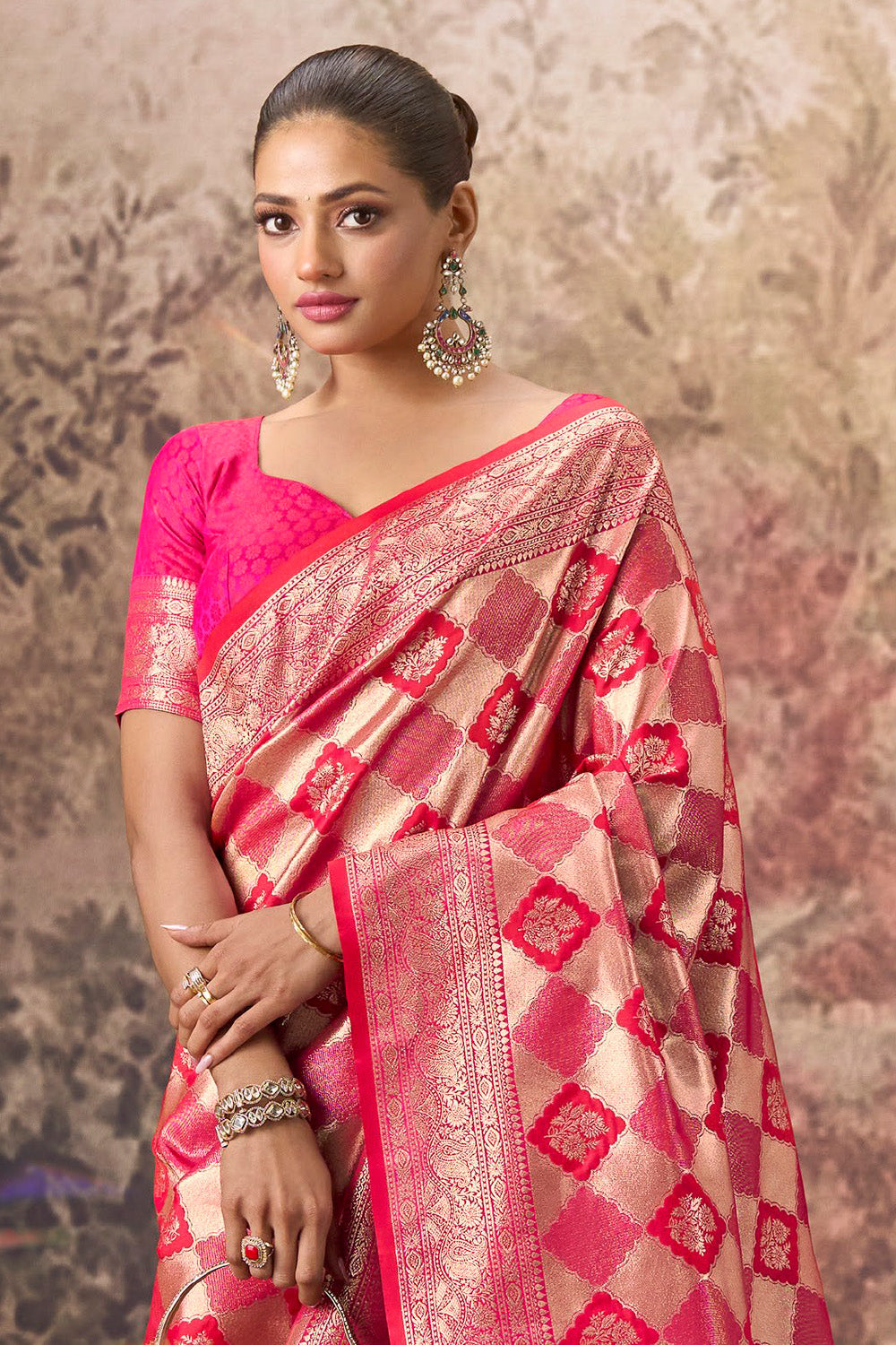 Magenta & Red Silk Zari Woven Saree