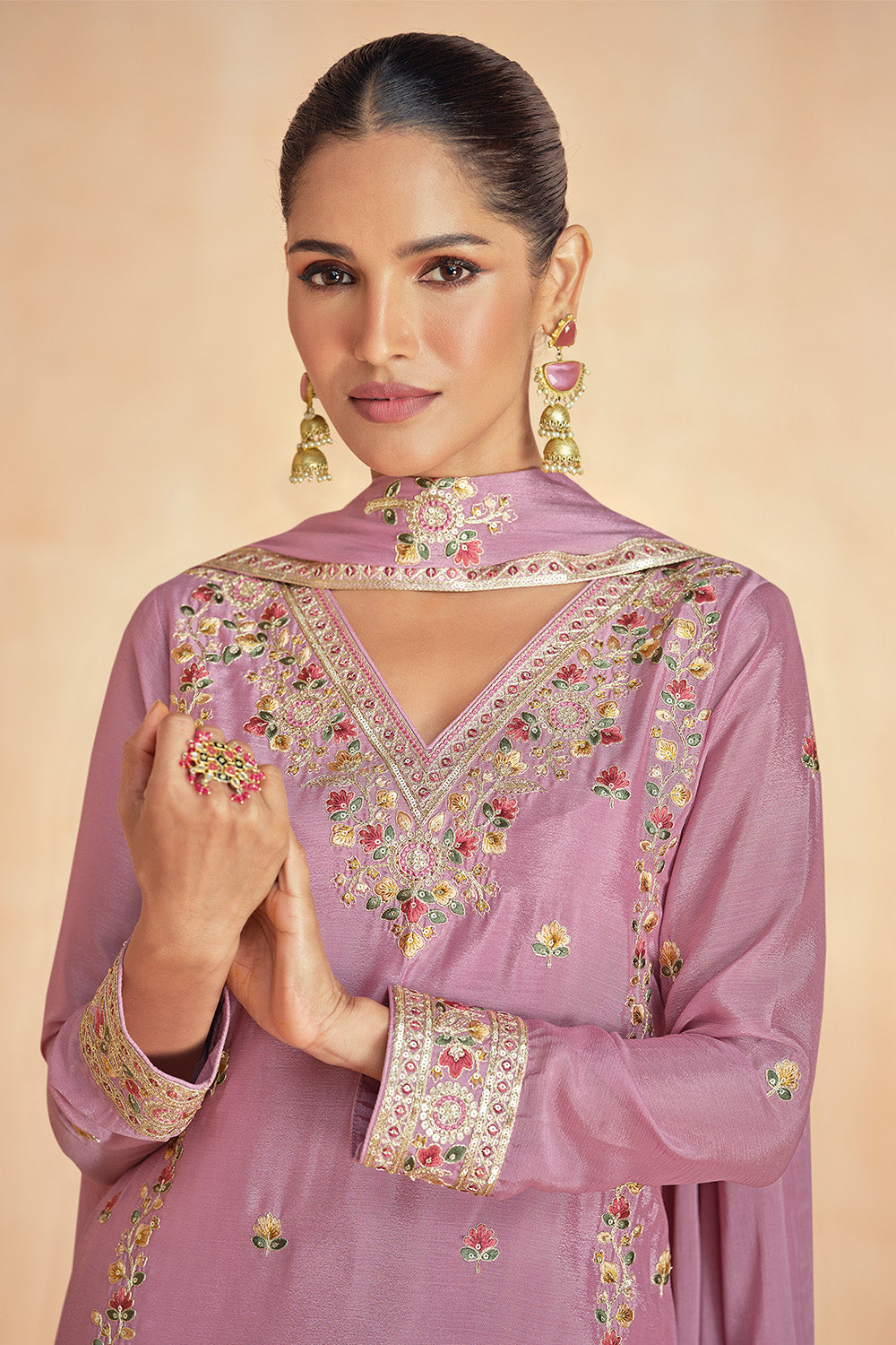 Dusty Pink Color Crepe Silk Resham Embroidered Suit With Palazzo