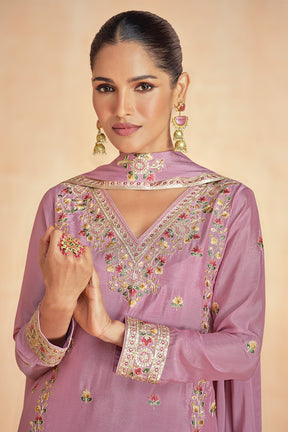 Dusty Pink Color Crepe Silk Resham Embroidered Suit With Palazzo