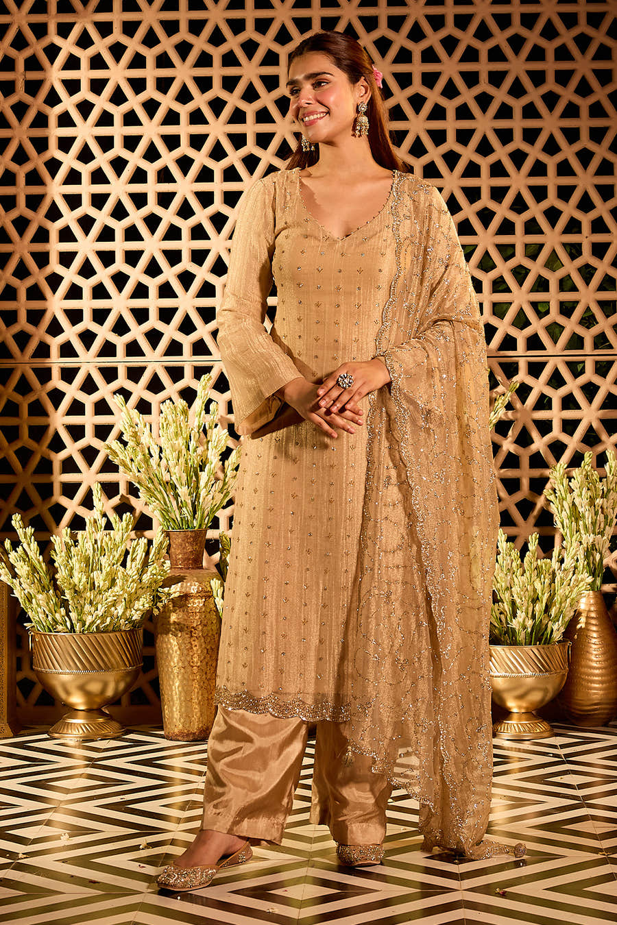 Beige Tissue Cut-Dana & Swaroski Work Unstitched Suit Material