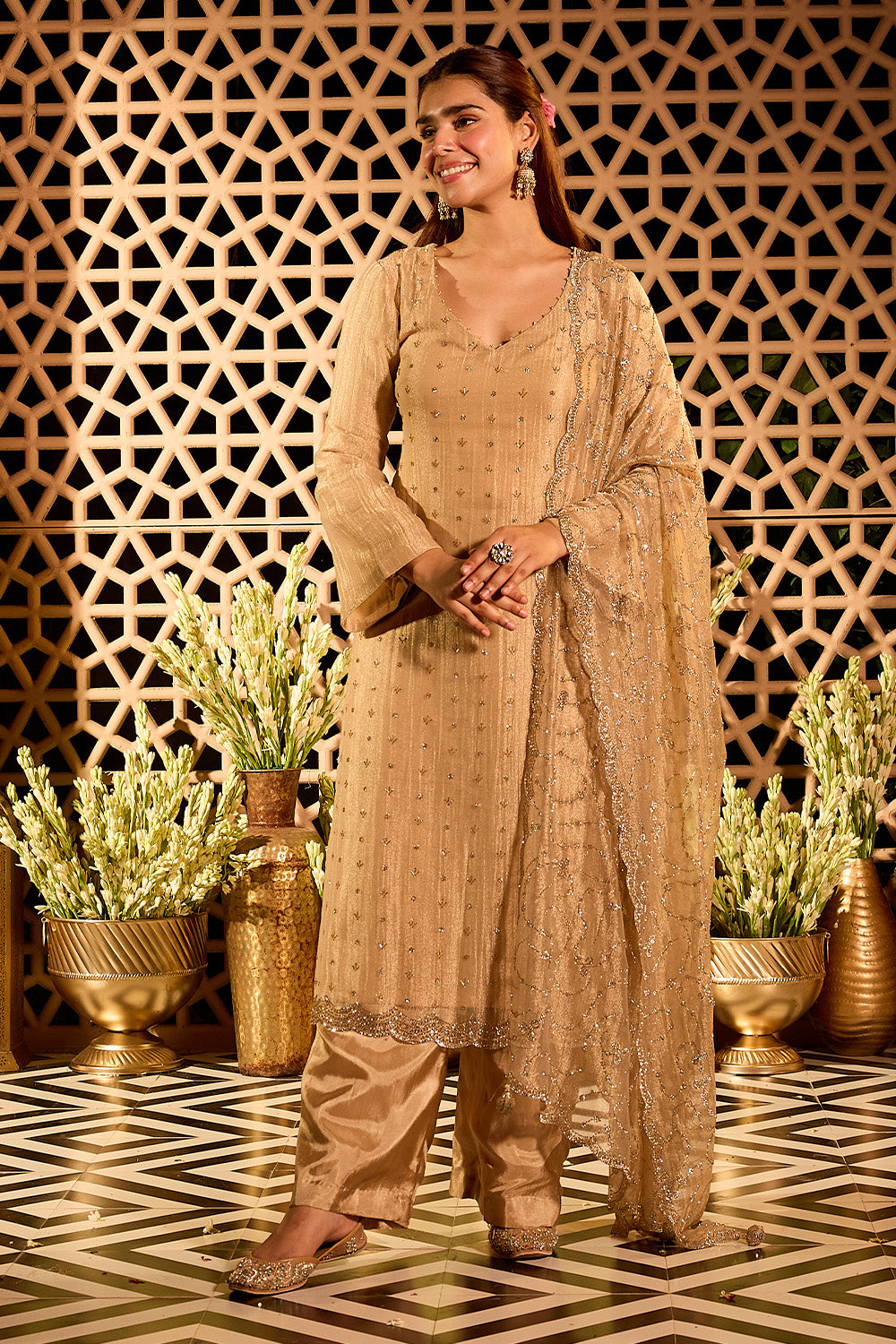 Beige Tissue Cut-Dana & Swaroski Work Unstitched Suit Material