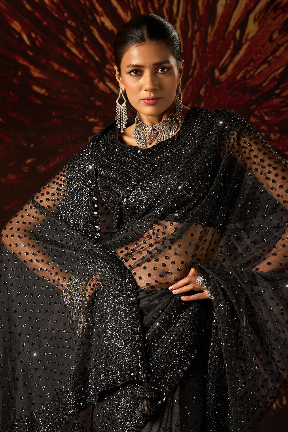 Black Net Sequins & Cut-Dana Embroidered Saree with Readymade Blouse