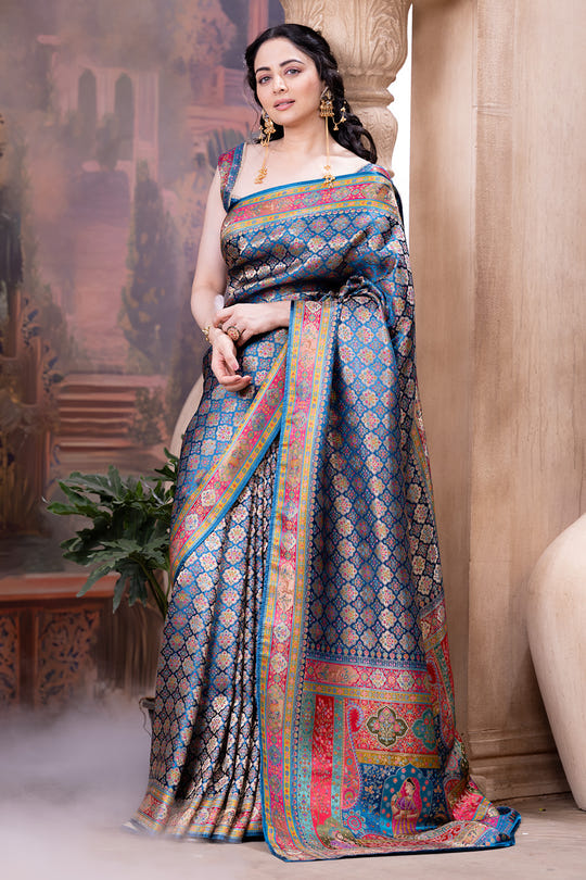 Blue Maheshwari Silk Soft Brocade Woven Saree