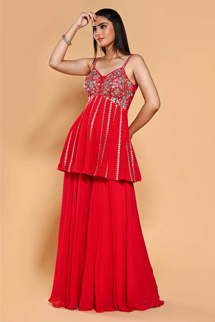Red Color Embroidered Georgette Peplum Sharara Suit