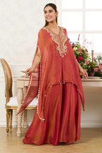Dark Coral Shimmer Fabric Neck-Embroidered Kaftan Set with Palazzo,
