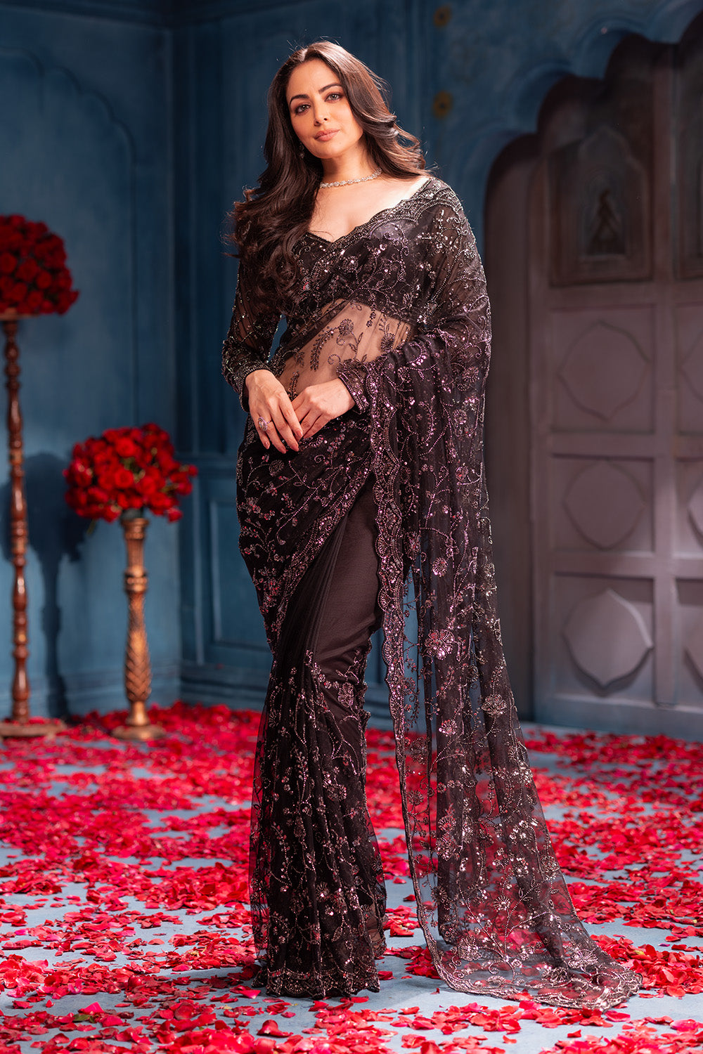 Black Cut-Dana And Sequins Embroidered Net Saree
