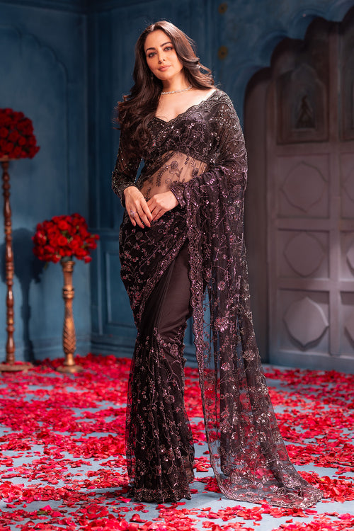 Black Cut-Dana And Sequins Embroidered Net Saree