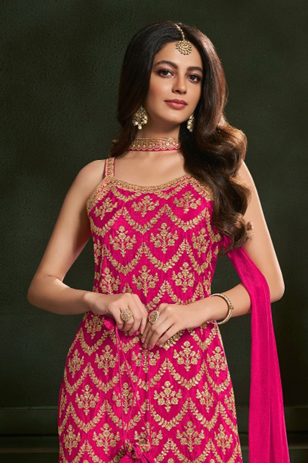 Rani Crepe Silk Zari And Sequins Embroidered Suit With Embroidered Gharara