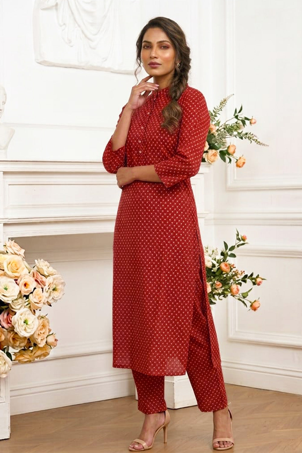Maroon Cotton Printed Kurta Set