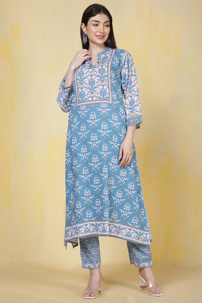 Turquoise Rayon Floral Printed Kurta Set