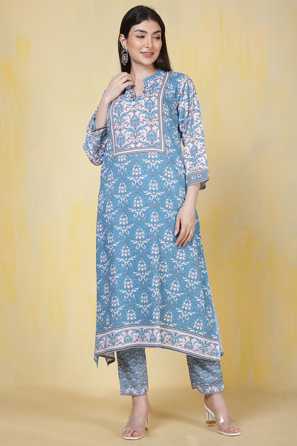Turquoise Rayon Floral Printed Kurta Set