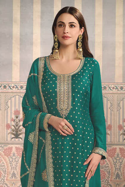 Teal Color Silk Embroidered Unstitched Suit Fabric