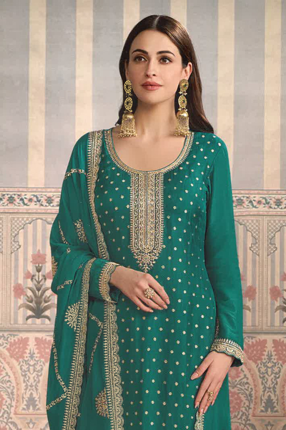 Teal Color Silk Embroidered Unstitched Suit Fabric