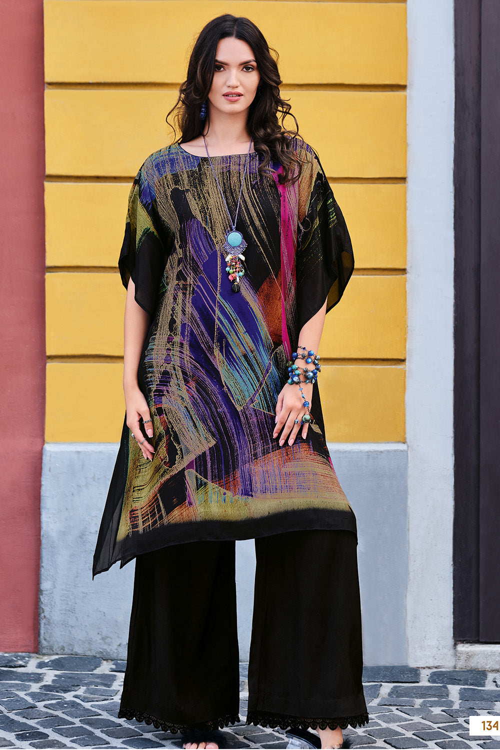 Black Color Muslin Printed Kaftan With Palazzo