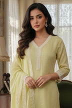 Pista Green Malmal Cotton Resham And Zari Embroidered Suit