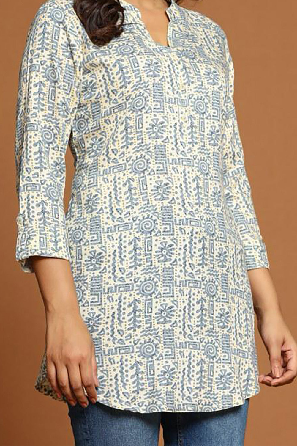 Grey & Beige Color Cotton Printed Tunic