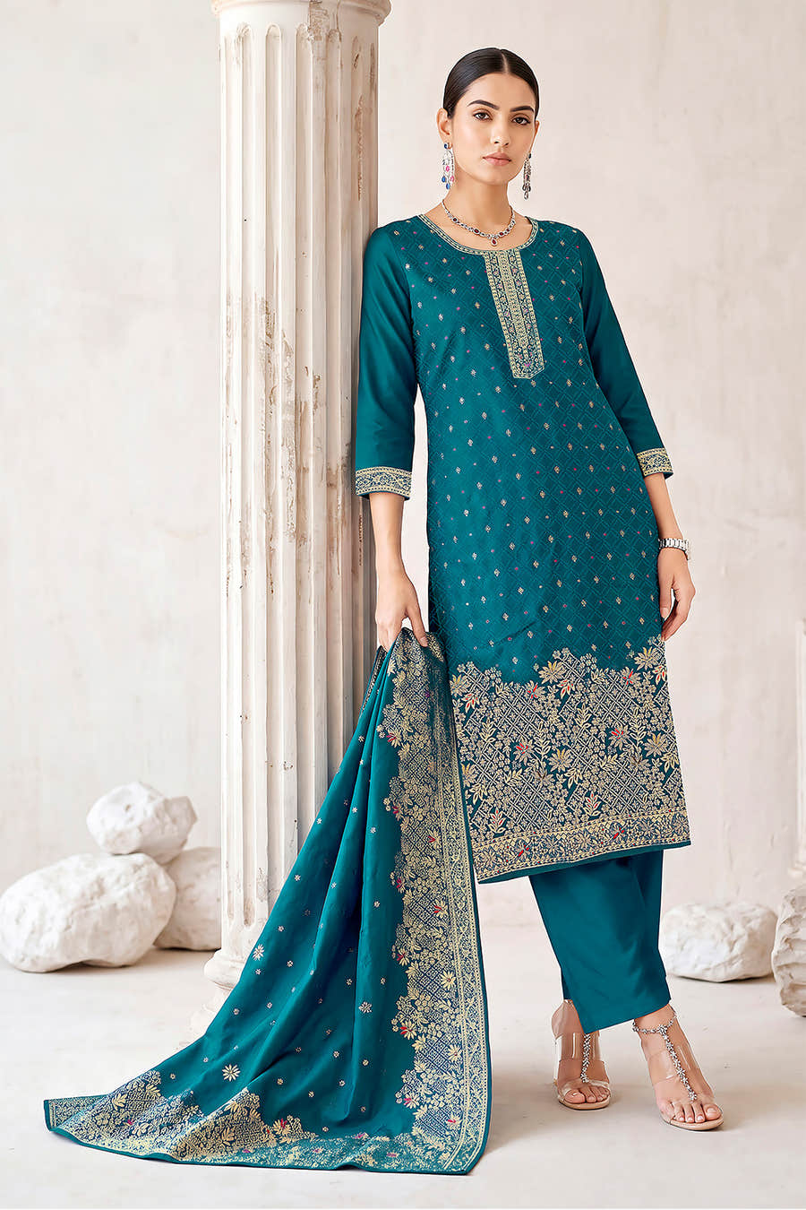Teal Pashmina Zari Woven Unstitched Suit Material