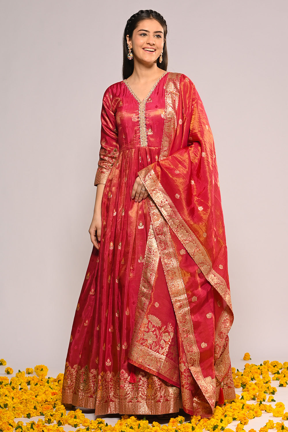 Fuchsia Pink Color Mantellic Tissue Embroidered and Woven Anarkali Suit